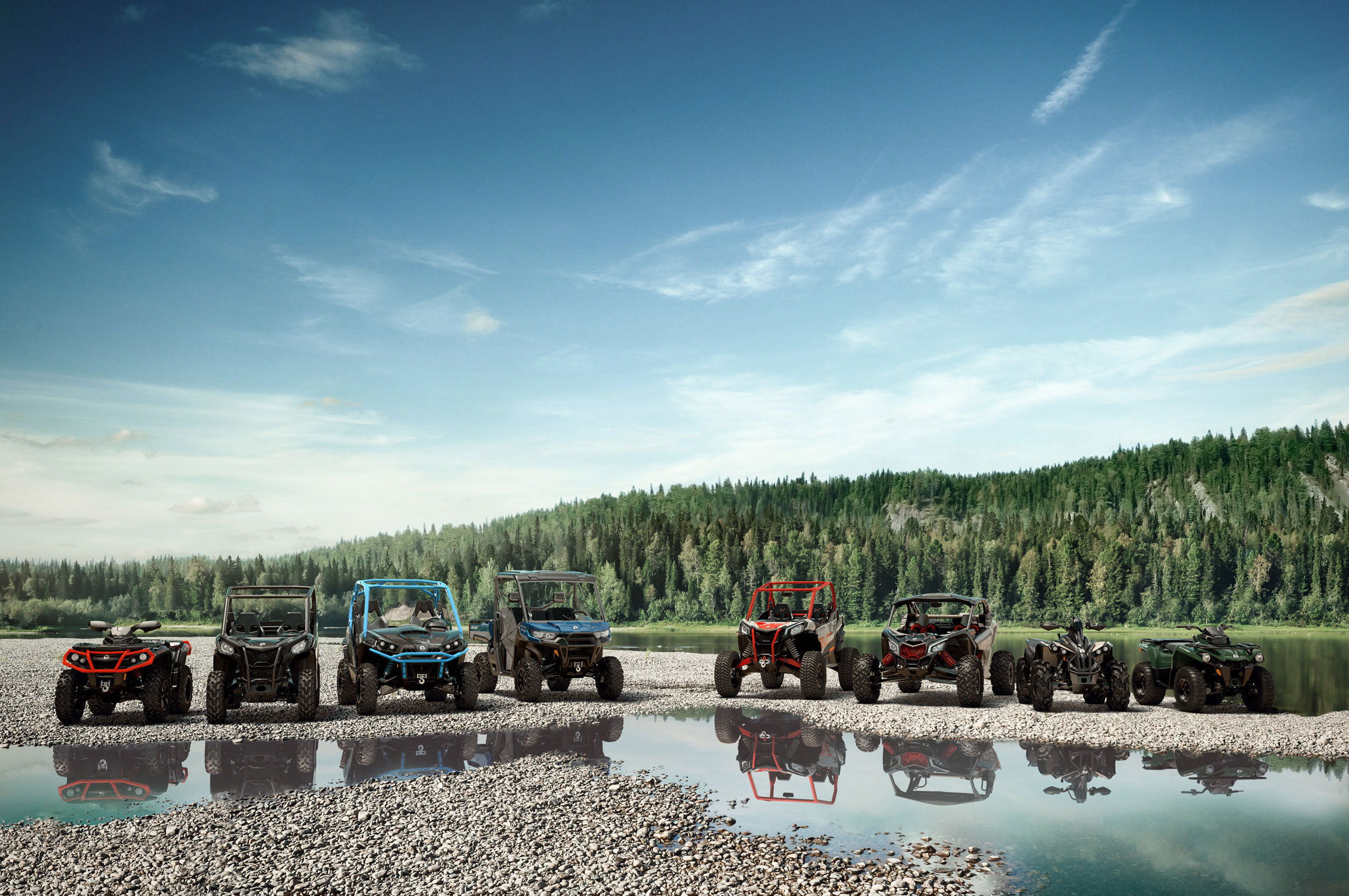 All Can-Am Off-Road ATV & Side-by-Side models near a lake